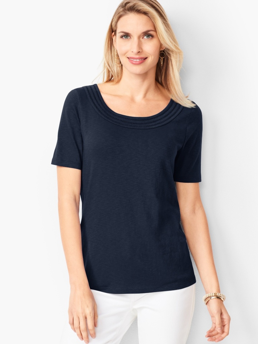Talbots Navy Lattice Trim Tee Cotton Modal Blend M
